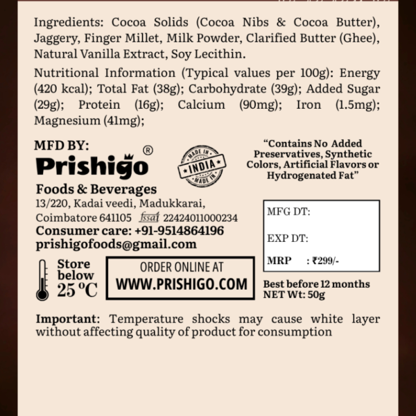 Millet Marvella Millet Milk Chocolate (4) Prishigo - Millet Marvella™ Vanilla Crème Millet Milk Chocolate (38% Cocoa, Jaggery Sweetened) – 50g