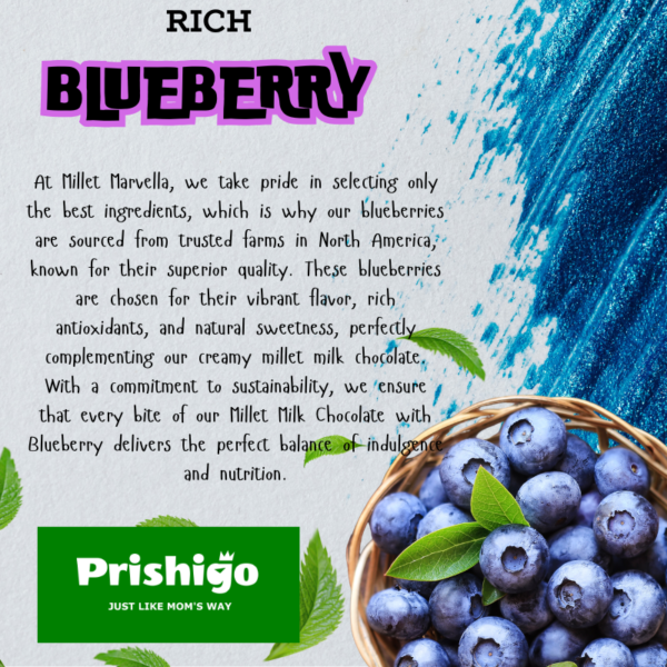 Millet Marvella Millet Milk Chocolate with Blueberry (2) Prishigo- Millet Marvella™ Millet Milk Chocolate with Blueberry (38% Cocoa, Jaggery Sweetened) – 50g