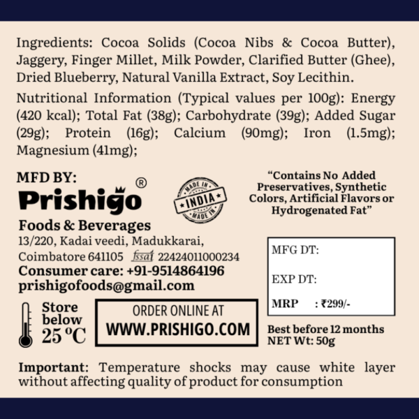 Millet Marvella Millet Milk Chocolate with Blueberry (4) Prishigo- Millet Marvella™ Millet Milk Chocolate with Blueberry (38% Cocoa, Jaggery Sweetened) – 50g