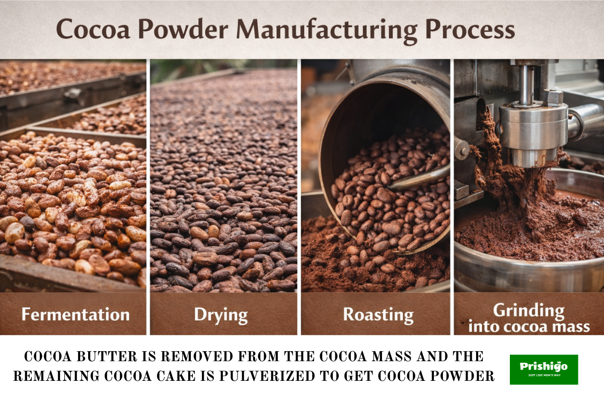 cocoa beans fermentation roasting and grinding into cocoa mass, types of cocoa powder
