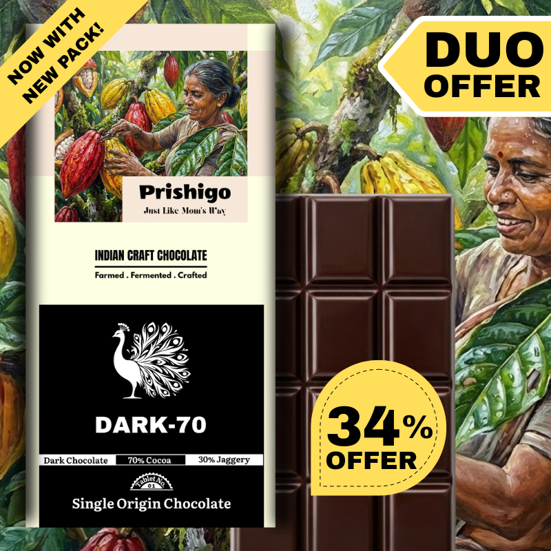 Prishigo | Dark-70 | 70% Dark Chocolate with 30% Jaggery) – 50g+50g | Duo Offer Pack (1+1)